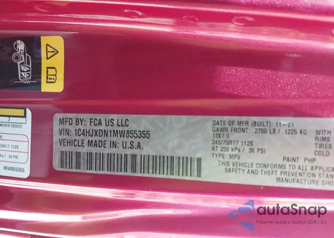 2021 Jeep Wrangler Unlimited Sport S 4X4 z USA, uszkodzony, nr VIN 1C4HJXDN1MW855355